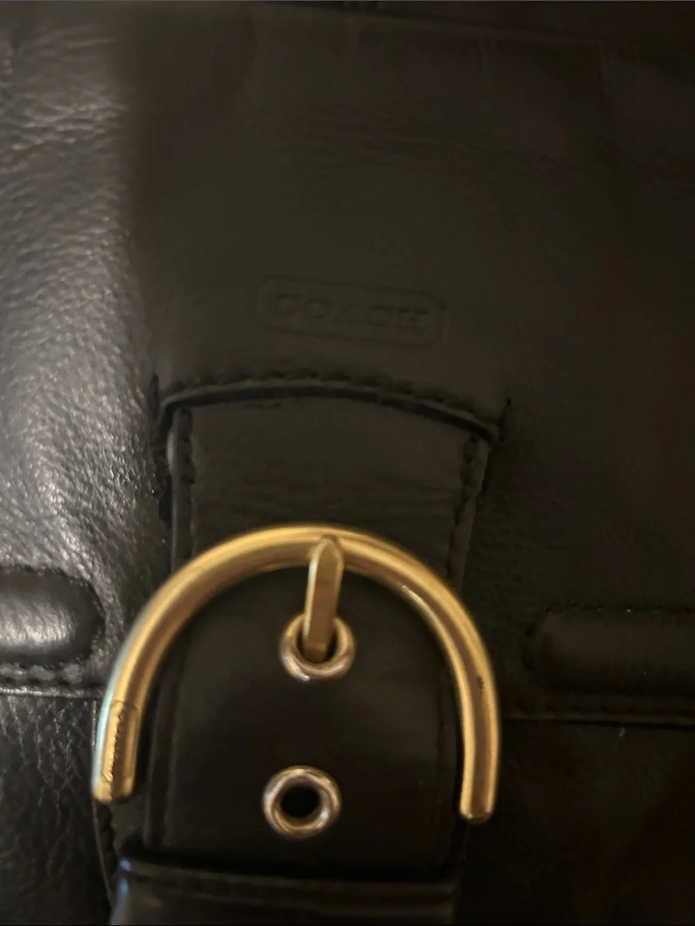 Coach Black Leather Shoulder Bag with Front Buckle Pocket and Gold Hardware